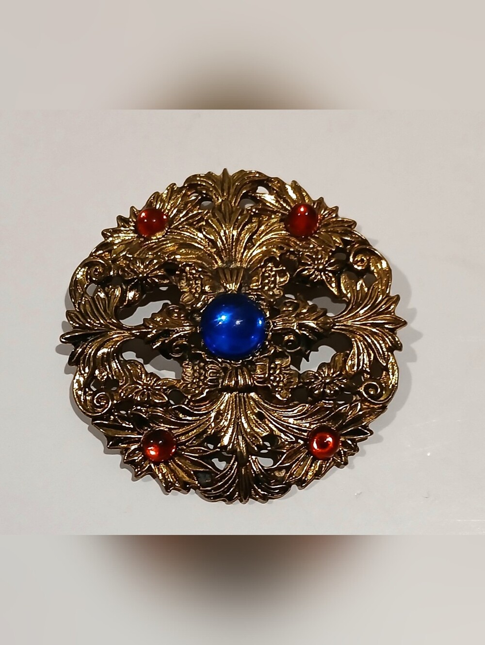 Vintage Extra Large Filigree Goldtone Brooch with Blue and Red Accents